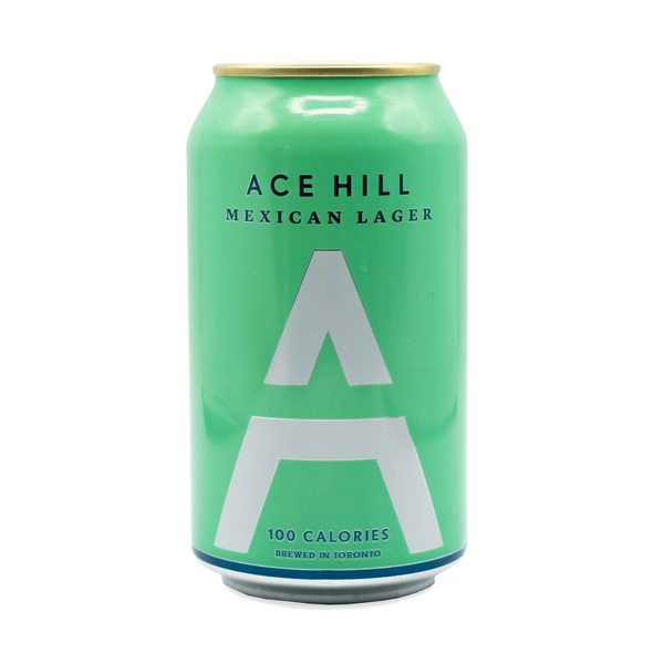 A can of Ace Hill Mexican Lager labeled 100 calories and brewed in Toronto