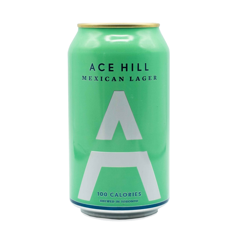 A can of Ace Hill Mexican Lager labeled 100 calories and brewed in Toronto